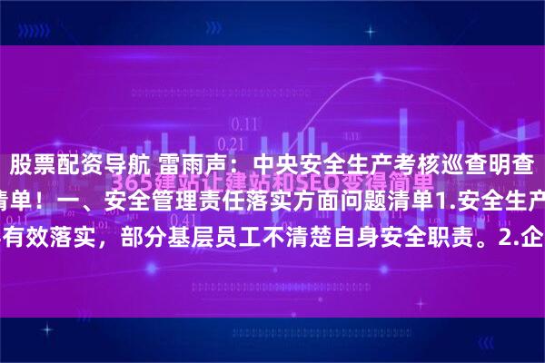 股票配资导航 雷雨声:中央安全生产考核巡查明查暗访主要检查内容问题清单!一、安全管理责任落实方面问题清单1.安全生产责任制未层层有效落实,部分基层员工不清楚自身安全职责。2.企业主要负责人未按规定定期主持召开...